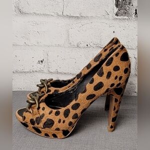 NAUGHTY Monday Faux Fur Leppard Print Peep Toe Platform Heel with Chain …
